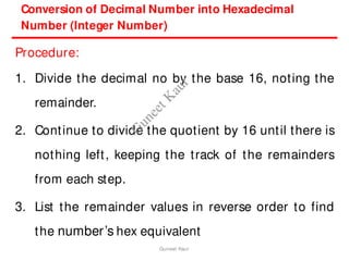 Conversion of Decimal Number into Hexadecimal
Number (Integer Number)
Procedure:
1. Divide the decimal no by the base 16, noting the
remainder.
2. Continue to divide the quotient by 16 until there is
nothing left, keeping the track of the remainders
from each step.
3. List the remainder values in reverse order to find
the number’s hex equivalent
Guneet Kaur
G
u
n
e
e
t
K
a
u
r
 