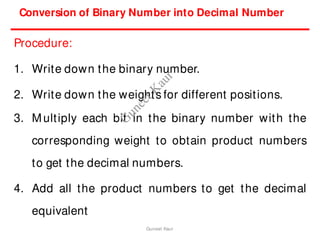 Procedure:
1. Write down the binary number.
2. Write down the weights for different positions.
3. Multiply each bit in the binary number with the
corresponding weight to obtain product numbers
to get the decimal numbers.
4. Add all the product numbers to get the decimal
equivalent
Conversion of Binary Number into Decimal Number
Guneet Kaur
G
u
n
e
e
t
K
a
u
r
 