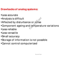 Drawbacks of analog systems:
•Less accurate
•Analysis is difficult
•Affected by disturbance or noise
•Component ageing and temperature variations
•Less reliable
•Less versatile
•Small accuracy
•Storage of information is not possible
•Cannot control computerized
Guneet Kaur
G
u
n
e
e
t
K
a
u
r
 