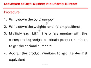 Procedure:
1. Write down the octal number.
2. Write down the weights for different positions.
3. Multiply each bit in the binary number with the
corresponding weight to obtain product numbers
to get the decimal numbers.
4. Add all the product numbers to get the decimal
equivalent
Conversion of Octal Number into Decimal Number
Guneet Kaur
G
u
n
e
e
t
K
a
u
r
 