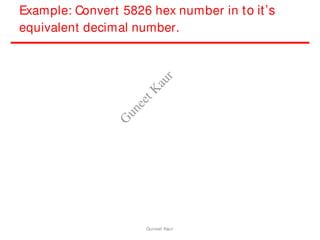 Example: Convert 5826 hex number in to it’s
equivalent decimal number.
Guneet Kaur
G
u
n
e
e
t
K
a
u
r
 