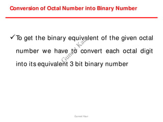 T
o get the binary equivalent of the given octal
number we have to convert each octal digit
into its equivalent 3 bit binary number
Conversion of Octal Number into Binary Number
Guneet Kaur
G
u
n
e
e
t
K
a
u
r
 
