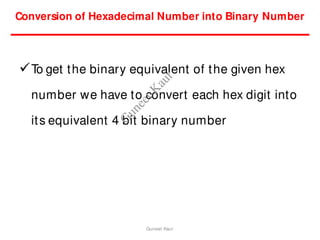 T
o get the binary equivalent of the given hex
number we have to convert each hex digit into
its equivalent 4 bit binary number
Conversion of Hexadecimal Number into Binary Number
Guneet Kaur
G
u
n
e
e
t
K
a
u
r
 