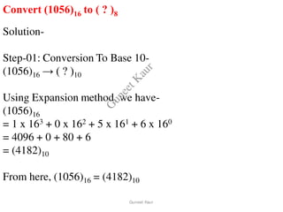 Convert (1056)16 to ( ? )8
Solution-
Step-01: Conversion To Base 10-
(1056)16 → ( ? )10
Using Expansion method, we have-
(1056)16
= 1 x 163 + 0 x 162 + 5 x 161 + 6 x 160
= 4096 + 0 + 80 + 6
= (4182)10
From here, (1056)16 = (4182)10
Guneet Kaur
G
u
n
e
e
t
K
a
u
r
 