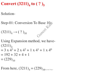 Convert (3211)4 to ( ? )5
Solution-
Step-01: Conversion To Base 10-
(3211)4 → ( ? )10
Using Expansion method, we have-
(3211)4
= 3 x 43 + 2 x 42 + 1 x 41 + 1 x 40
= 192 + 32 + 4 + 1
= (229)10
From here, (3211)4 = (229)10Guneet Kaur
G
u
n
e
e
t
K
a
u
r
 
