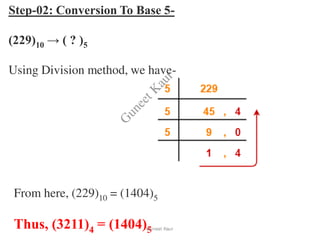 Step-02: Conversion To Base 5-
(229)10 → ( ? )5
Using Division method, we have-
From here, (229)10 = (1404)5
Thus, (3211)4 = (1404)5
Guneet Kaur
G
u
n
e
e
t
K
a
u
r
 