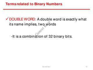 DOUBLE WORD: A double word is exactly what
its name implies, two words
-It is a combination of 32 binary bits.
Termsrelated to Binary Numbers
57
Guneet Kaur
G
u
n
e
e
t
K
a
u
r
 