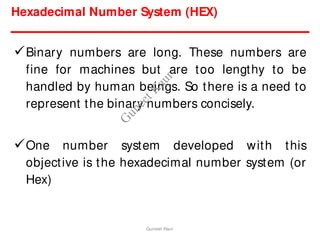 Hexadecimal Number System (HEX)
Binary numbers are long. These numbers are
fine for machines but are too lengthy to be
handled by human beings. So there is a need to
represent the binary numbers concisely.
One number system developed with this
objective is the hexadecimal number system (or
Hex)
Guneet Kaur
G
u
n
e
e
t
K
a
u
r
 