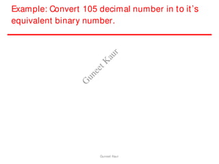 Example: Convert 105 decimal number in to it’s
equivalent binary number.
Guneet Kaur
G
u
n
e
e
t
K
a
u
r
 