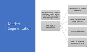 Market Segmentation
What is market segmentation?
Market segmentation involves aggregating
prospective buyers into groups t...