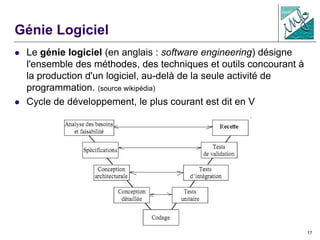 17
Génie Logiciel
 Le génie logiciel (en anglais : software engineering) désigne
l'ensemble des méthodes, des techniques et outils concourant à
la production d'un logiciel, au-delà de la seule activité de
programmation. (source wikipédia)
 Cycle de développement, le plus courant est dit en V
 