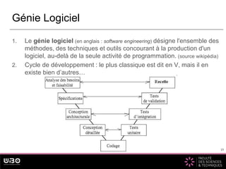 15
1. Le génie logiciel (en anglais : software engineering) désigne l'ensemble des
méthodes, des techniques et outils concourant à la production d'un
logiciel, au-delà de la seule activité de programmation. (source wikipédia)
2. Cycle de développement : le plus classique est dit en V, mais il en
existe bien d’autres…
Génie Logiciel
15
 
