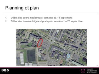 2
1. Début des cours magistraux : semaine du 14 septembre
2. Début des travaux dirigés et pratiques: semaine du 28 septembre
Planning et plan
2
 