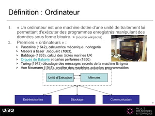 8
1. « Un ordinateur est une machine dotée d'une unité de traitement lui
permettant d'exécuter des programmes enregistrés manipulant des
données sous forme binaire. » (source wikipédia)
2. Premiers « ordinateurs » :
> Pascaline (1642), calculatrice mécanique, horlogerie
> Métiers à tisser Jacquard (1803),
> Babbage (1835), calcul des tables marines UK
> Orgues de Babarie et cartes perforées (1850)
> Turing (1943) décodage des messages secrets de la machine Enigma
> Von Neumann (1945), ancêtre des machines actuelles programmables
Définition : Ordinateur
8
Unité d’Exécution Mémoire
Entrées/sorties Communication
Stockage
 