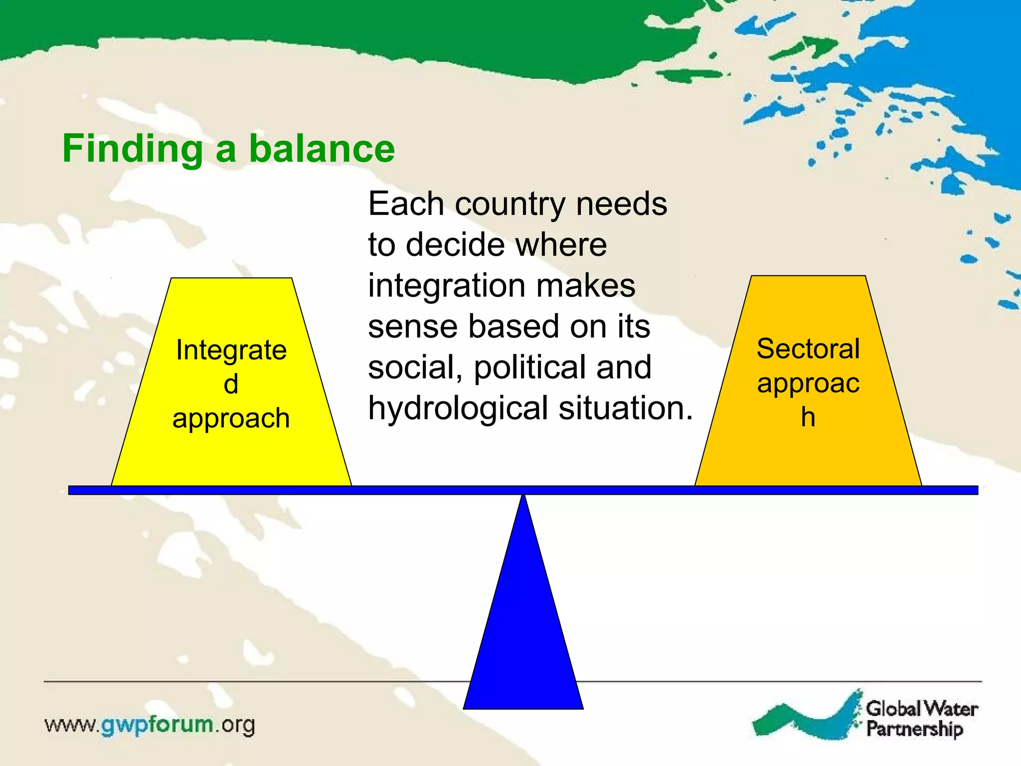 Finding a balance
Sectoral
approac
h
Integrate
d
approach
Each country needs
to decide where
integration makes
sense based on its
social, political and
hydrological situation.
 