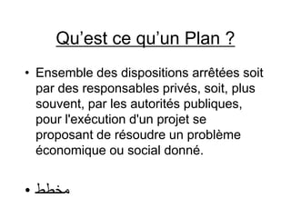 Qu’est ce qu’un Plan ?
• Ensemble des dispositions arrêtées soit
par des responsables privés, soit, plus
souvent, par les autorités publiques,
pour l'exécution d'un projet se
proposant de résoudre un problème
économique ou social donné.
• ‫مخطط‬
 