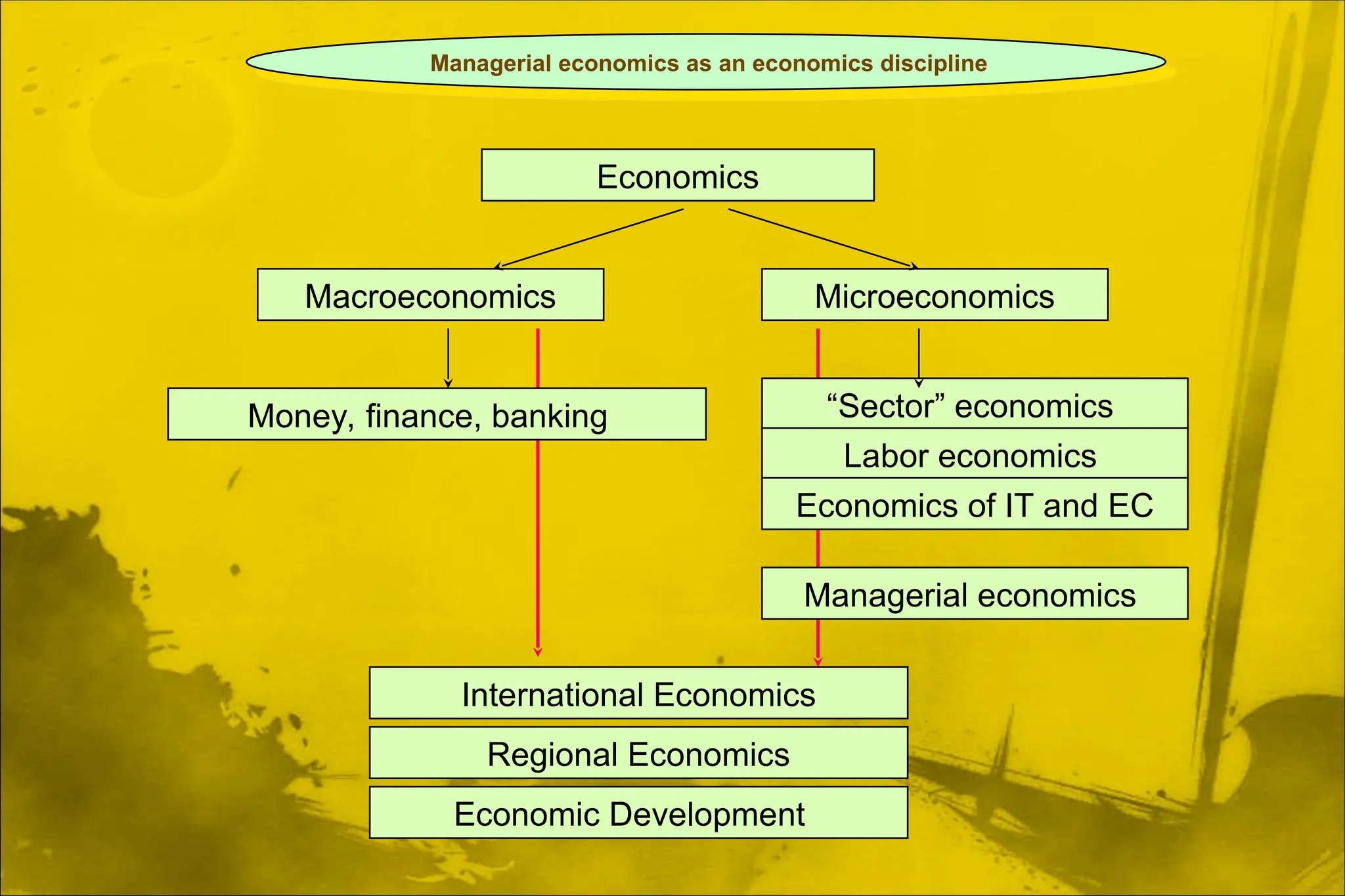 Managerial economics as an economics discipline
Macroeconomics
Economics
Microeconomics
International Economics
Regional Economics
Money, finance, banking “Sector” economics
Labor economics
Economics of IT and EC
Managerial economics
Economic Development
 