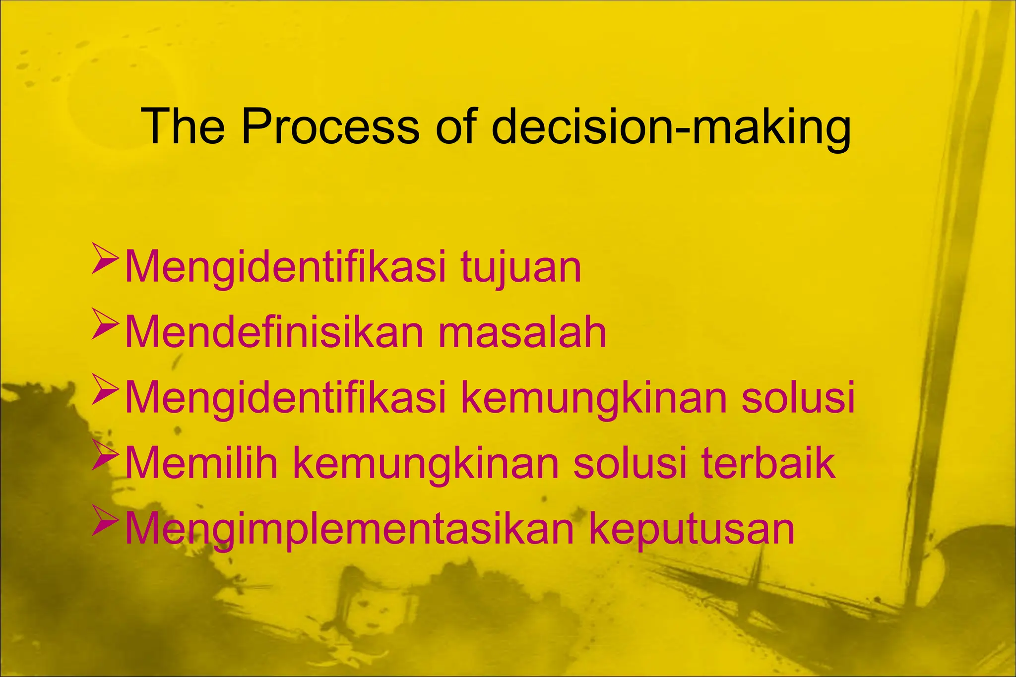 The Process of decision-making
Mengidentifikasi tujuan
Mendefinisikan masalah
Mengidentifikasi kemungkinan solusi
Memilih kemungkinan solusi terbaik
Mengimplementasikan keputusan
 