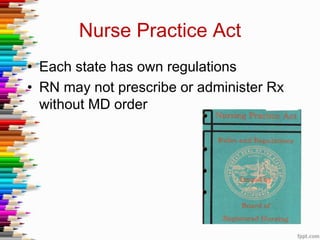 Nurse Practice Act
• Each state has own regulations
• RN may not prescribe or administer Rx
without MD order
 