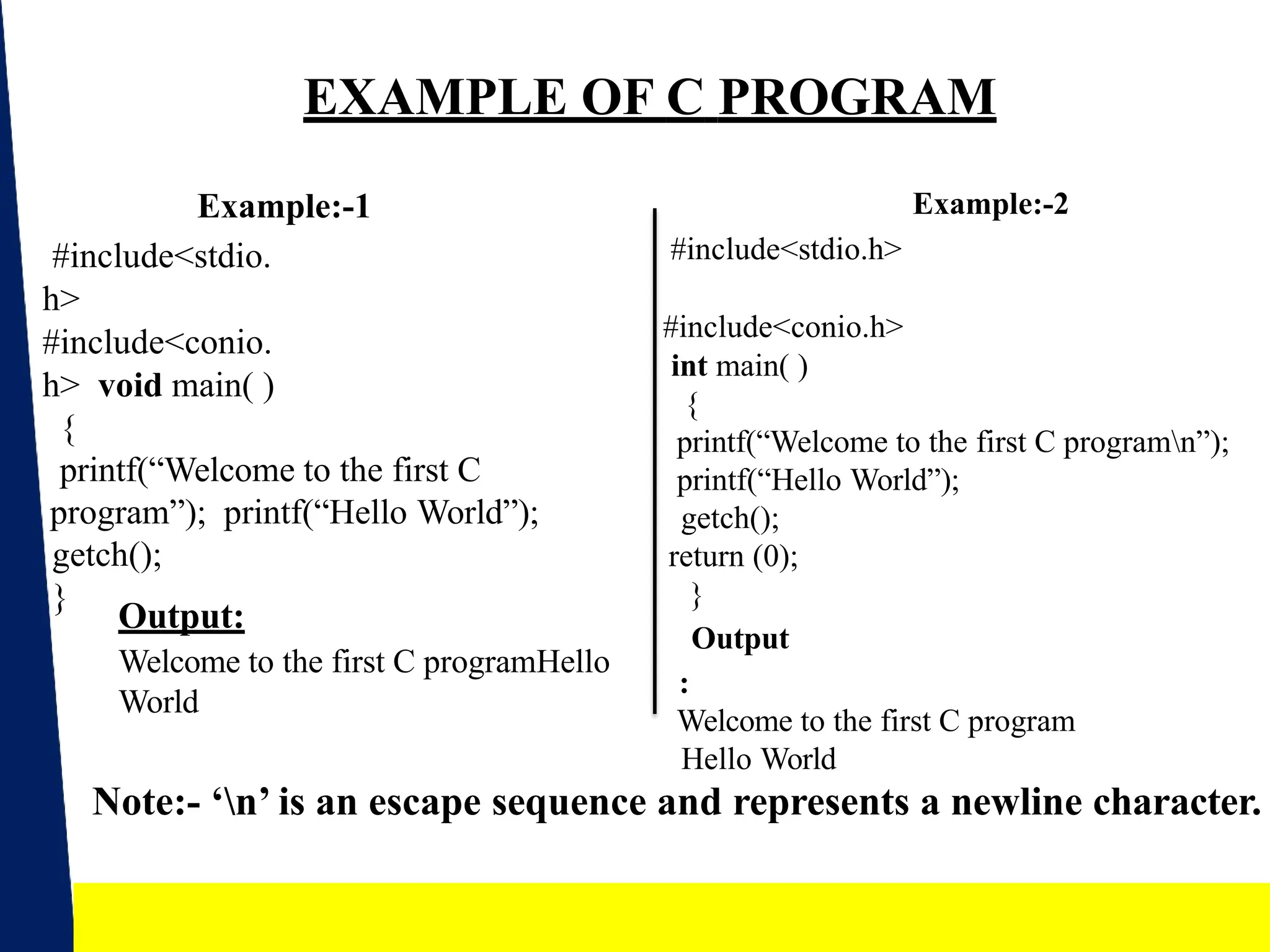 EXAMPLE OF C PROGRAM
Example:-1
#include<stdio.
h>
#include<conio.
h> void main( )
{
printf(“Welcome to the first C
program”); printf(“Hello World”);
getch();
}
Example:-2
#include<stdio.h>
#include<conio.h>
int main( )
{
printf(“Welcome to the first C programn”);
printf(“Hello World”);
getch();
return (0);
}
Output
:
Welcome to the first C program
Hello World
Output:
Welcome to the first C programHello
World
Note:- ‘n’ is an escape sequence and represents a newline character.
8
 