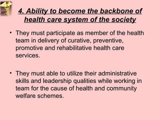 4. Ability to become the backbone of
health care system of the society
• They must participate as member of the health
tea...