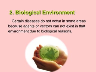 2. Biological Environment
2. Biological Environment
Certain diseases do not occur in some areas
because agents or vectors ...
