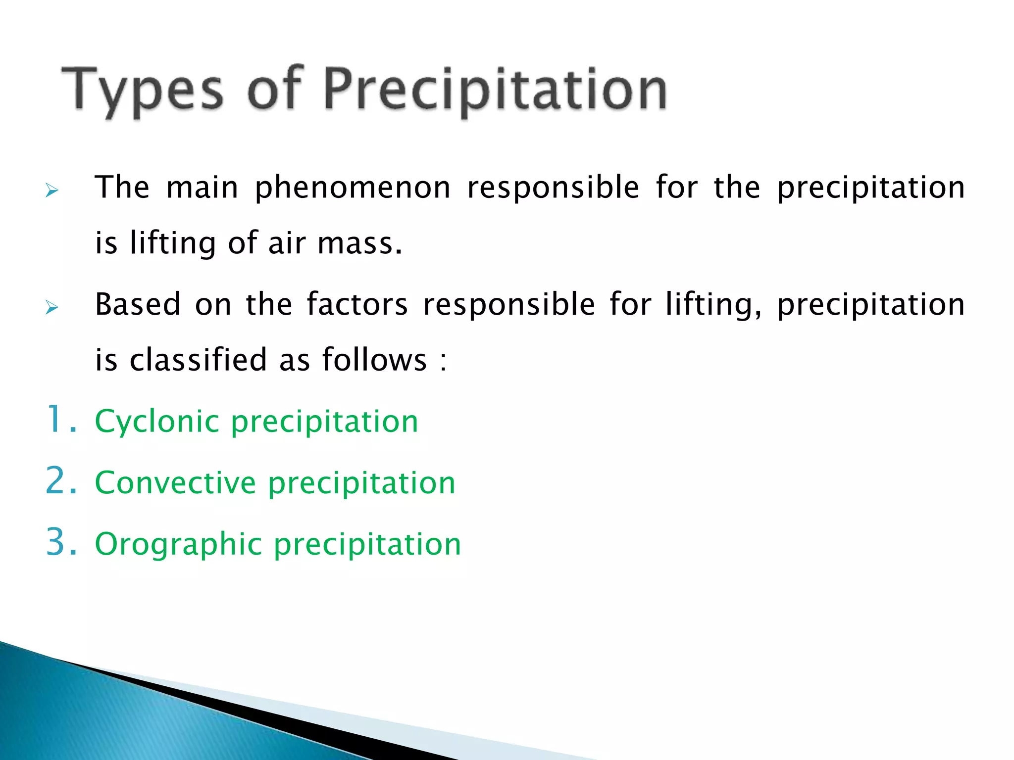  The main phenomenon responsible for the precipitation
is lifting of air mass.
 Based on the factors responsible for lifting, precipitation
is classified as follows :
1. Cyclonic precipitation
2. Convective precipitation
3. Orographic precipitation
 