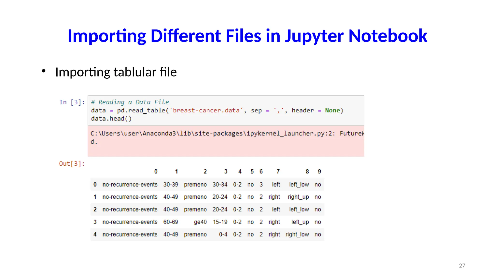 Importing Different Files in Jupyter Notebook • Importing tablular file 27 