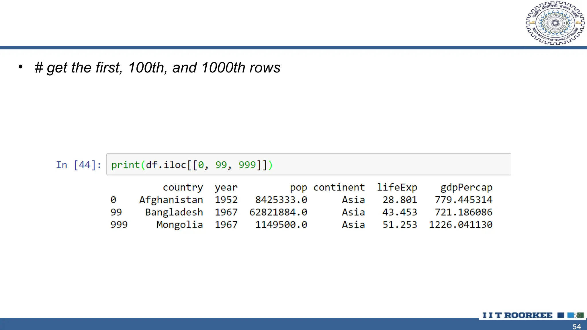 54 54 • # get the first, 100th, and 1000th rows 54 
