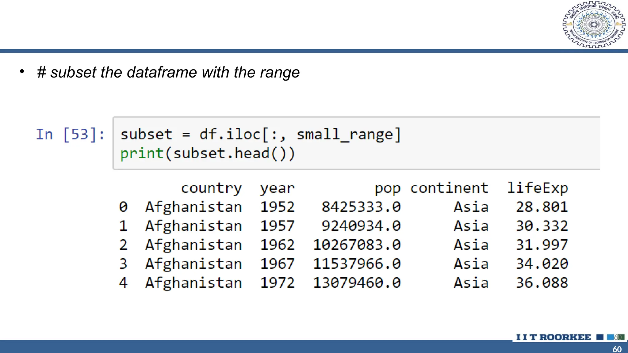 60 60 • # subset the dataframe with the range 60 