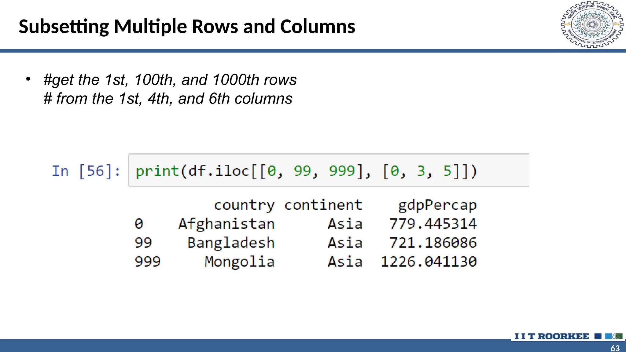 63 63 Subsetting Multiple Rows and Columns • #get the 1st, 100th, and 1000th rows # from the 1st, 4th, and 6th columns 63 