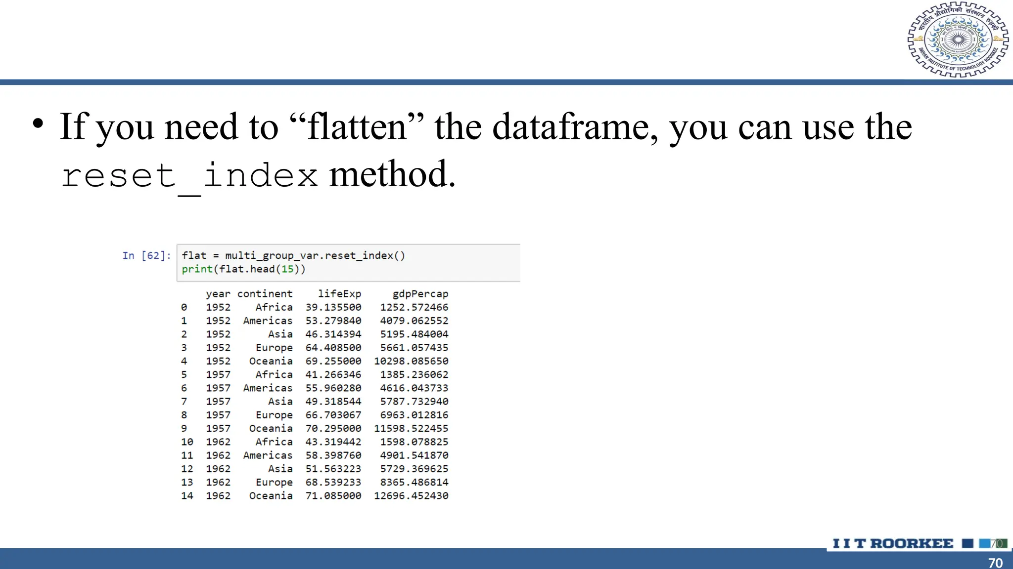 70 70 • If you need to “flatten” the dataframe, you can use the reset_index method. 70 