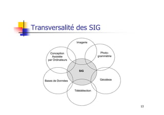 Transversalité des SIG
ImagerieImagerie
PhotoPhoto--
grammétriegrammétrie
ConceptionConception
AssistéeAssistée
13
grammétriegrammétrieAssistéeAssistée
parpar OrdinateursOrdinateurs
GéodésieGéodésie
TélédétectionTélédétection
Bases deBases de DonnéesDonnées
SIGSIG
 