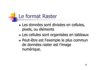 Le format Raster
Les données sont divisées en cellules,
pixels, ou éléments
Les cellules sont organisées en tableaux
18
Les cellules sont organisées en tableaux
Peut-être est l'exemple le plus commun
de données raster est l’image
numérique.
 