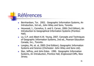 Références
Bernhardsen, Tor. 2002. Geographic Information Systems, An
Introduction, 3rd ed., John Wiley and Sons, Toronto.
Heywood, I., Cornelius, S. and S. Carver, 2006 (3rd Edition), An
Introduction to Geographical Information Systems (Prentice-
Hall).
36
Hall).
Lo, C.P. and Albert K.W. Yeung, 2007. Concepts and Techniques
of Geographic Information Systems, 2nd ed., Pearson Education
Canada, Inc., Toronto.
Longley, PA, et. al, 2005 (2nd Edition), Geographic Information
Systems and Science (Chichester: John Wiley and Sons Ltd).
Star, Jeffrey, and John Estes. 1990. Geographic Information
Systems, An Introduction, Prentice Hall, Englewood Cliffs, New
Jersey.
 