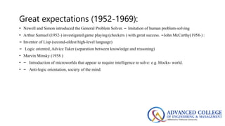 Great expectations (1952-1969):
• Newell and Simon introduced the General Problem Solver. – Imitation of human problem-solving
• Arthur Samuel (1952-) investigated game playing (checkers ) with great success. –John McCarthy(1958-) :
– Inventor of Lisp (second-oldest high-level language)
– Logic oriented, Advice Taker (separation between knowledge and reasoning)
• Marvin Minsky (1958 )
• – Introduction of microworlds that appear to require intelligence to solve: e.g. blocks- world.
• – Anti-logic orientation, society of the mind.
 