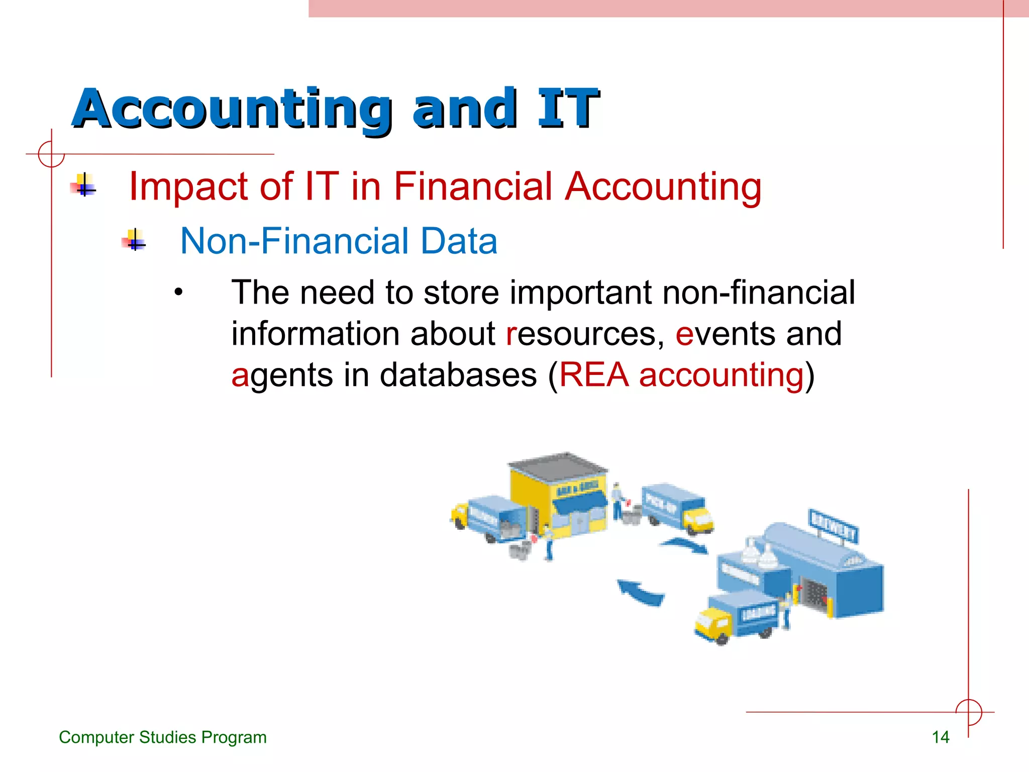 Accounting and IT Impact of IT in Financial Accounting Non-Financial Data The need to store important non-financial information about  r esources,  e vents and  a gents in databases ( REA accounting ) Computer Studies Program 