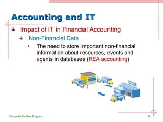 Accounting and IT Impact of IT in Financial Accounting Non-Financial Data The need to store important non-financial information about  r esources,  e vents and  a gents in databases ( REA accounting ) Computer Studies Program 