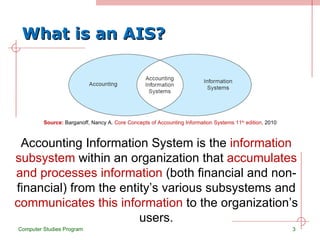 What is an AIS? Accounting Information System is the  information subsystem  within an organization that  accumulates and processes information  (both financial and non-financial) from the entity’s various subsystems and  communicates this information  to the organization’s users. Computer Studies Program Source:  Barganoff, Nancy A.  Core Concepts of Accounting Information Systems 11 th  edition,  2010 