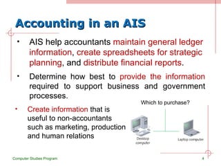 Accounting in an AIS AIS help accountants  maintain general ledger information ,  create spreadsheets for strategic planning , and  distribute financial reports . Computer Studies Program Determine how best to  provide the information  required to support business and government processes. Create information  that is useful to non-accountants such as marketing, production and human relations Which to purchase? 