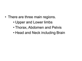• There are three main regions.
• Upper and Lower limbs
• Thorax, Abdomen and Pelvis
• Head and Neck including Brain
 