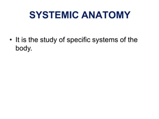SYSTEMIC ANATOMY
• It is the study of specific systems of the
body.
 