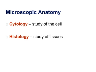 Microscopic Anatomy
Cytology – study of the cell
Histology – study of tissues
 