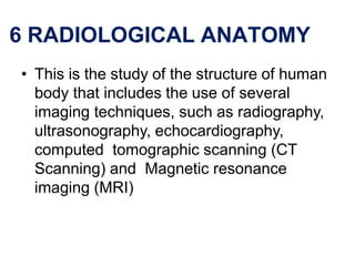 6 RADIOLOGICAL ANATOMY
• This is the study of the structure of human
body that includes the use of several
imaging techniques, such as radiography,
ultrasonography, echocardiography,
computed tomographic scanning (CT
Scanning) and Magnetic resonance
imaging (MRI)
 
