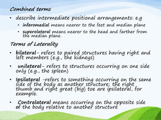 Combined terms
• describe intermediate positional arrangements: e.g
• inferomedial means nearer to the feet and median plane
• superolateral means nearer to the head and farther from
the median plane.
Terms of Laterality
• bilateral- refers to paired structures having right and
left members (e.g., the kidneys)
• unilateral- refers to structures occurring on one side
only (e.g., the spleen)
• Ipsilateral -refers to something occurring on the same
side of the body as another structure; the right
thumb and right great (big) toe are ipsilateral, for
example.
• Contralateral means occurring on the opposite side
of the body relative to another structure
28
 