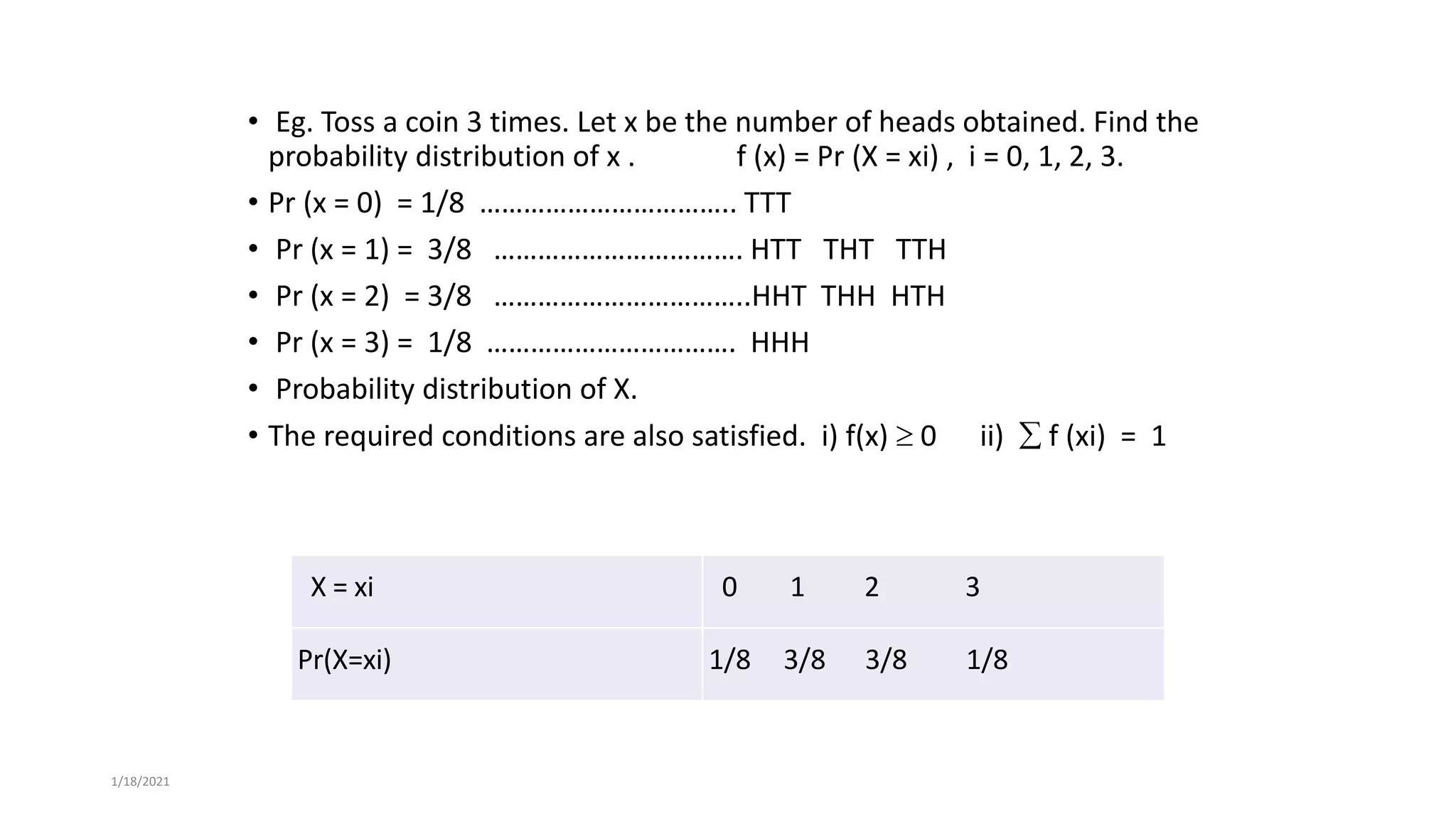 • Eg. Toss a coin 3 times. Let x be the number of heads obtained. Find the
probability distribution of x . f (x) = Pr (X = xi) , i = 0, 1, 2, 3.
• Pr (x = 0) = 1/8 …………………………….. TTT
• Pr (x = 1) = 3/8 ……………………………. HTT THT TTH
• Pr (x = 2) = 3/8 ……………………………..HHT THH HTH
• Pr (x = 3) = 1/8 ……………………………. HHH
• Probability distribution of X.
• The required conditions are also satisfied. i) f(x)  0 ii)  f (xi) = 1
1/18/2021
X = xi 0 1 2 3
Pr(X=xi) 1/8 3/8 3/8 1/8
 
