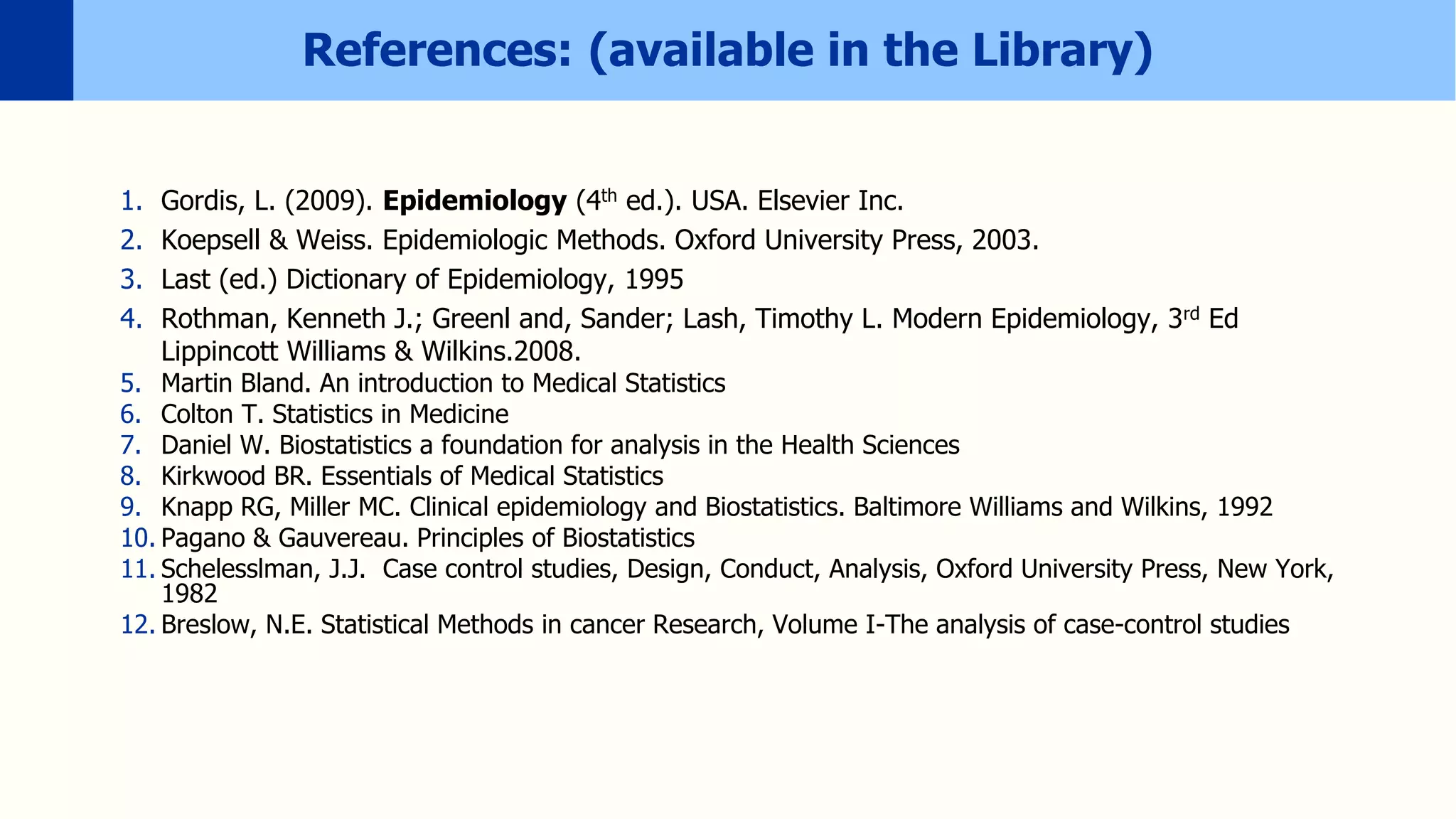 References: (available in the Library)
1. Gordis, L. (2009). Epidemiology (4th ed.). USA. Elsevier Inc.
2. Koepsell & Weiss. Epidemiologic Methods. Oxford University Press, 2003.
3. Last (ed.) Dictionary of Epidemiology, 1995
4. Rothman, Kenneth J.; Greenl and, Sander; Lash, Timothy L. Modern Epidemiology, 3rd Ed
Lippincott Williams & Wilkins.2008.
5. Martin Bland. An introduction to Medical Statistics
6. Colton T. Statistics in Medicine
7. Daniel W. Biostatistics a foundation for analysis in the Health Sciences
8. Kirkwood BR. Essentials of Medical Statistics
9. Knapp RG, Miller MC. Clinical epidemiology and Biostatistics. Baltimore Williams and Wilkins, 1992
10. Pagano & Gauvereau. Principles of Biostatistics
11. Schelesslman, J.J. Case control studies, Design, Conduct, Analysis, Oxford University Press, New York,
1982
12. Breslow, N.E. Statistical Methods in cancer Research, Volume I-The analysis of case-control studies
 