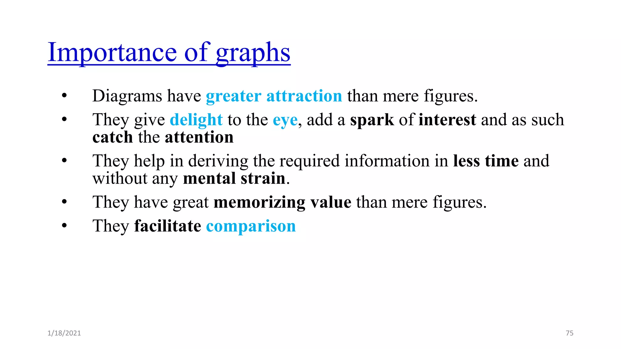 Importance of graphs
• Diagrams have greater attraction than mere figures.
• They give delight to the eye, add a spark of interest and as such
catch the attention
• They help in deriving the required information in less time and
without any mental strain.
• They have great memorizing value than mere figures.
• They facilitate comparison
1/18/2021 75
 