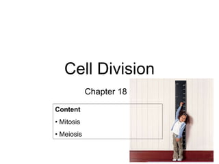 Cell Division Chapter 18 Content  •  Mitosis  •  Meiosis  