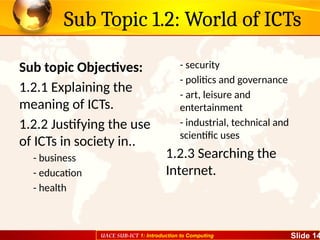 UACE SUB-ICT 1: Introduction to Computing Slide 14
Sub Topic 1.2: World of ICTs
Sub topic Objectives:
1.2.1 Explaining the
meaning of ICTs.
1.2.2 Justifying the use
of ICTs in society in..
- business
- education
- health
- security
- politics and governance
- art, leisure and
entertainment
- industrial, technical and
scientific uses
1.2.3 Searching the
Internet.
 